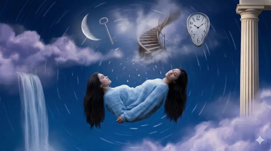 דמות אישה מרחפת gently בספירלה חלומית המשלבת סמלים מטושטשים של נפילה, איחור ופתרון, המייצגת את מגוון סוגי החלומות הנפוצים ביותר.